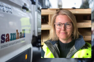 Skoopis ordförande Ulrika Persson infälld i bild framför en bil från Samhall